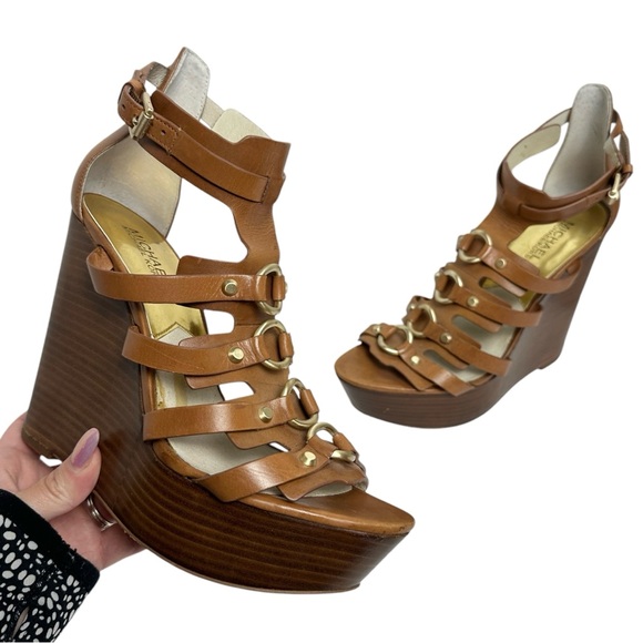 MICHAEL Michael Kors Shoes - Michael Kors Nadine Tan Leather Platform Wedges in Color Luggage Womens Size 9